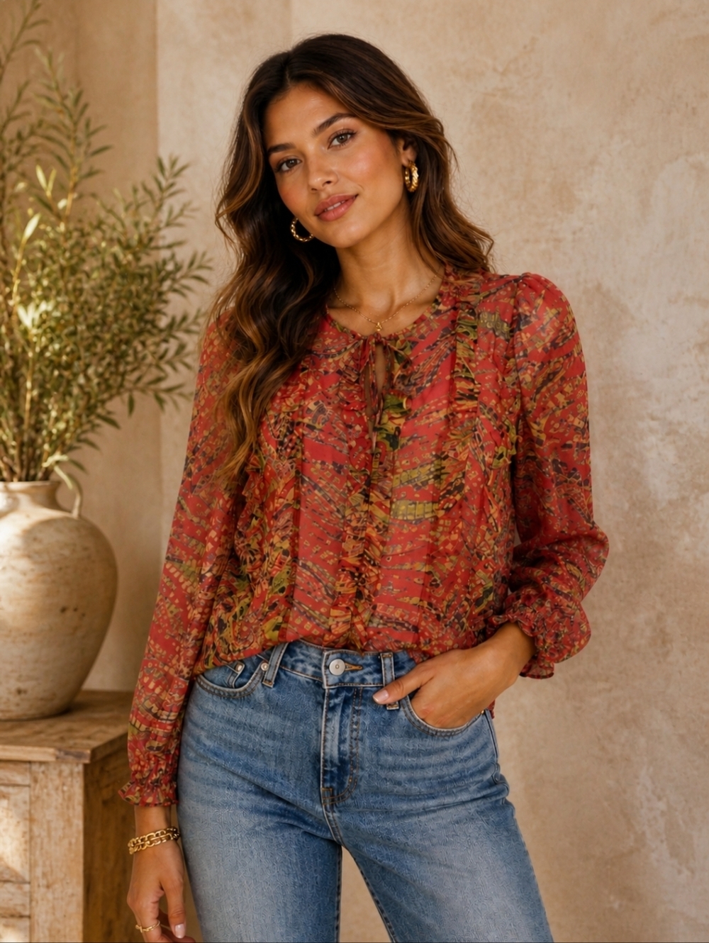 Walter Baker Vibrant‎ Red Patterned Blouse